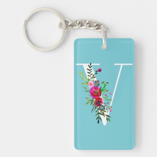 V Letter Initiaal Monogram Bloemen Aangepaste Kleu Sleutelhanger (Voorkant)