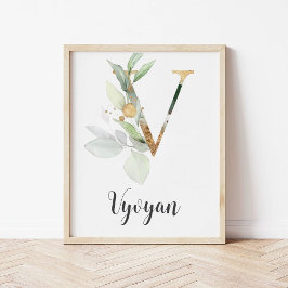 V Letter Monogram Groene Nursery Naam Muurprint Poster