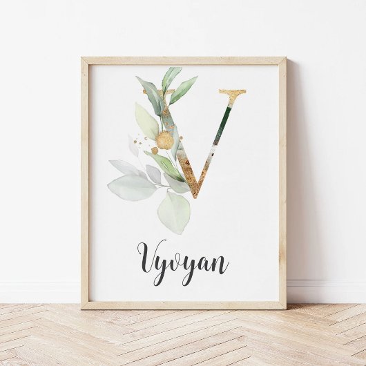 V Letter Monogram Groene Nursery Naam Muurprint Poster