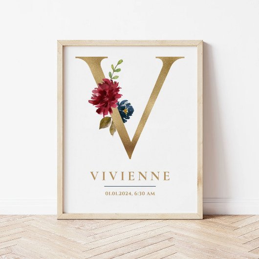V Letter Monogram Naam Marsala Bloemenkwekerij Poster