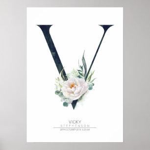 V Letter Monogram White Flowers and Greenery Poster