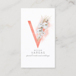 V Letter Monogram White Orchids and Pampas Grass Visitekaartje