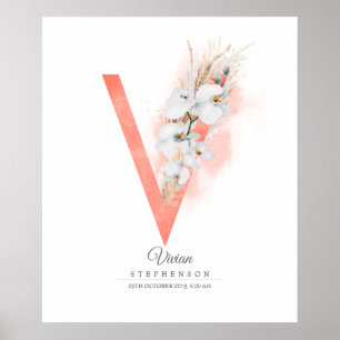V Letter Monogram Witte Orchideeën en Pampagras Poster