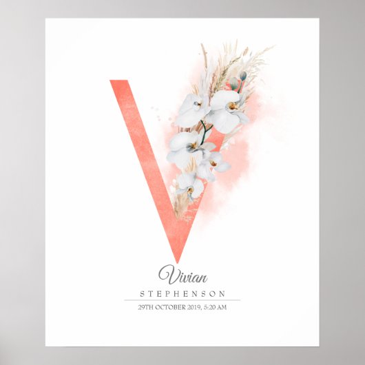 V Letter Monogram Witte Orchideeën en Pampagras Poster (Voorkant)
