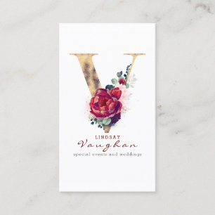 V Monogram Bourgondische rode bloem en gouden glit Visitekaartje