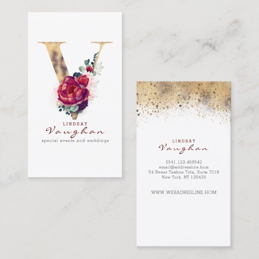 V Monogram Bourgondische rode bloem en gouden glit Visitekaartje (Voorkant / Achterkant)