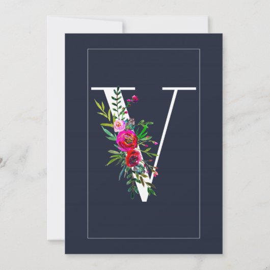 V Monogram laatste Initiaal Modern Blue Floral Wed Kaart (Achterkant)
