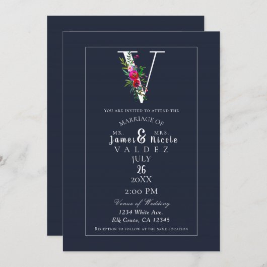 V Monogram laatste Initiaal Modern Blue Floral Wed Kaart (Voorkant / Achterkant)