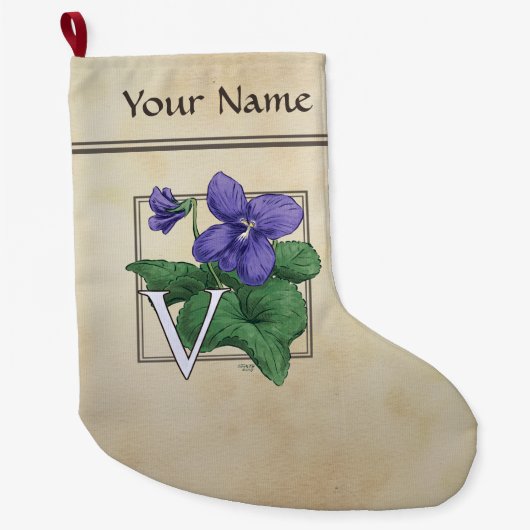 V voor Violet Flower Alphabet Monogram Grote Kerstsok (Voorkant)