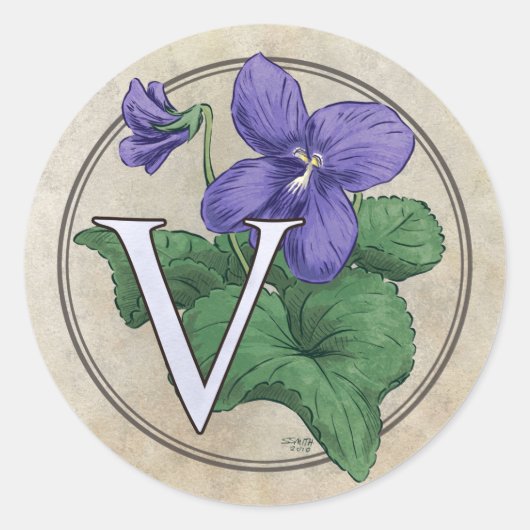 V voor Violets Flower Monogram Ronde Sticker (Voorkant)
