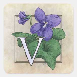 V voor Violets Flower Monogram Vierkante Sticker