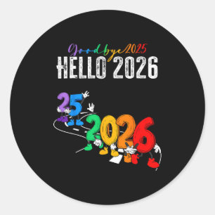 Vaarwel 2025 Hallo 2026 Grappige Cartoon Nieuwjaar Ronde Sticker
