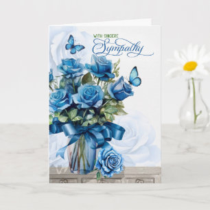 Vaas met blauwe rozen en vlinders rouwkaart kaart