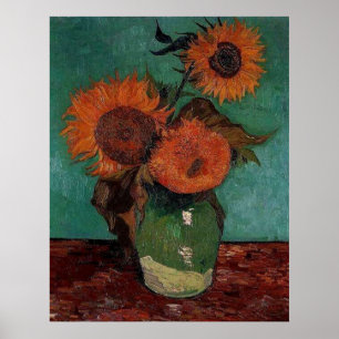 vaas met drie zonnebloemen, van Gogh Poster