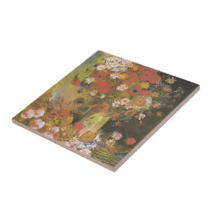 Vaas met korenbloemen & klaprozen, pioenen & chrys tegeltje