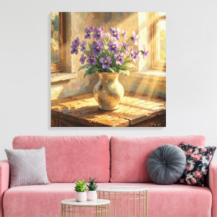 Vaas met paarse viooltjes Impasto Canvas Afdruk