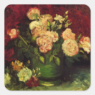 Vaas met Pioenrozen en Rozen door Vincent van Gogh Vierkante Sticker