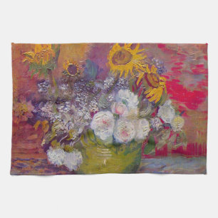 Vaas met zonnebloemen en rozen door Vincent van Go Theedoek