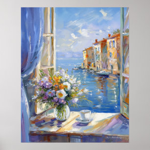 Vaas van Bloemen Raam met Uitzicht van de italiaan Poster