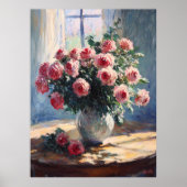 Vaas van roze rozen door raam - impressionistische poster (Voorkant)