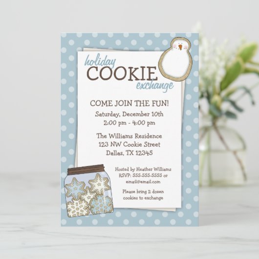 Vacances Cookie Exchange Blue Polka Dot Invitation (Debout devant)