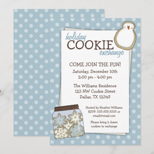 Vacances Cookie Exchange Blue Polka Dot Invitation (Devant / Derrière)