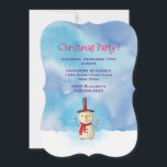 Vacances Snowman Waving Christmas Party Invitation<br><div class="desc">Invitation à la fête de Noël avec une jolie illustration de bonhomme de neige. Il porte un casquette de fourche noir, tient une pipe à base de maïs classique et porte une écharpe rouge. Debout dans la neige blanche et froide, souriant et saluant. L'arrière - plan est composé d'aquarelle ciel...</div>