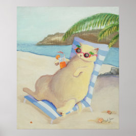 Vacation Beach Cat Under Palm Tree Wall Art Poster