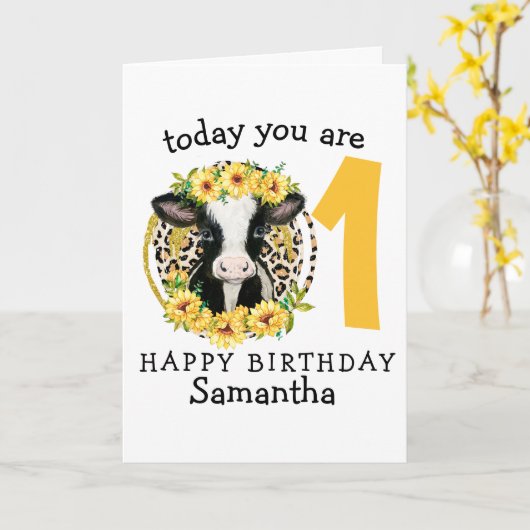 Vache 1ère joyeuse carte d'anniversaire (Fleur jaune)