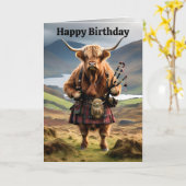 Vache Amusante Highland Avec Bagpipes, Carte Anniv (Fleur jaune)