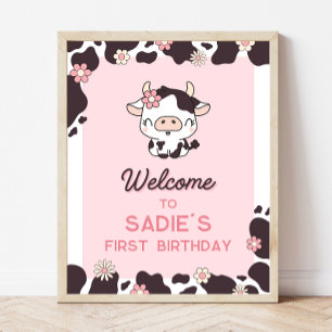 Vache Anniversaire Floral rose Affiche de bienvenu