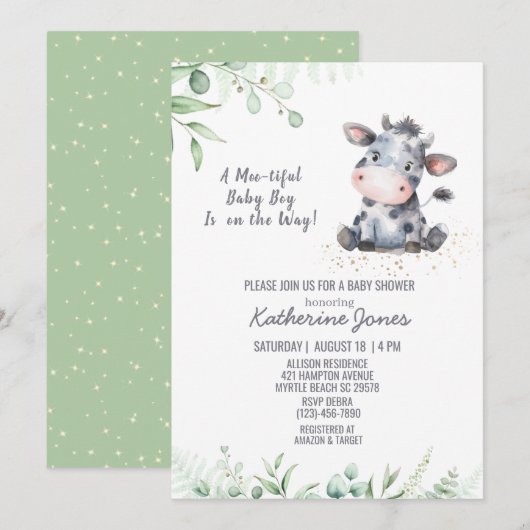 Vache Baby shower verdure Boy Farm Invitation (Devant / Derrière)