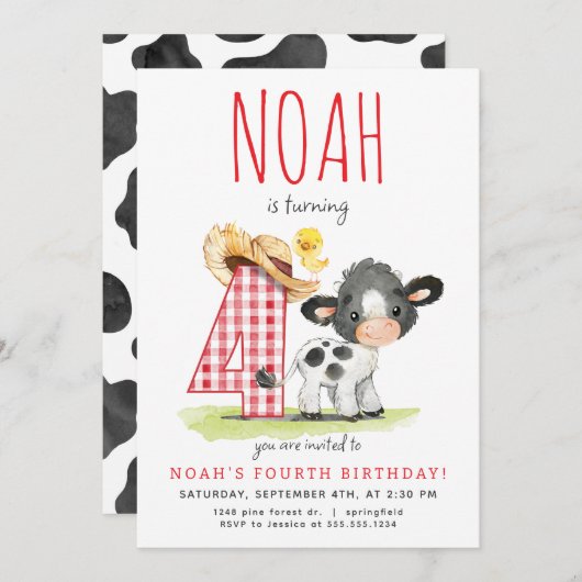 Vache de ferme Invitation à l'anniversaire quatriè (Devant / Derrière)