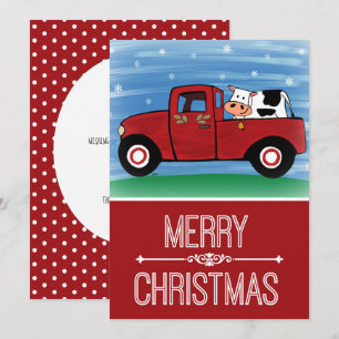 Vache en Camion Rouge Festif Carte de Noël Plat