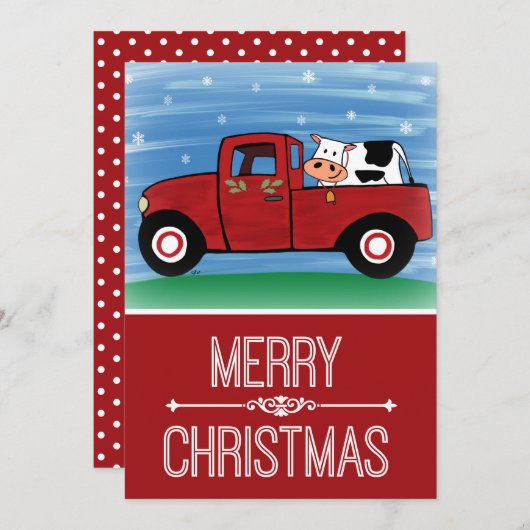 Vache en Camion Rouge Festif Carte de Noël Plat (Devant / Derrière)