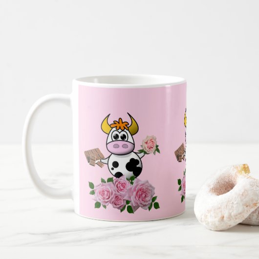 Vache Florale Roses roses roses Chocolat Mug (Avec donut)
