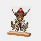 Vache Highland et poulets de Noël Gravure vintage (Angle)