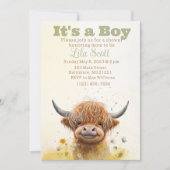 Vache Highland, invitation de baby shower garçon (Devant)