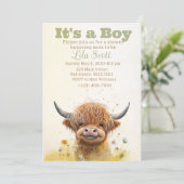 Vache Highland, invitation de baby shower garçon (Debout devant)