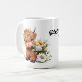 Vache Highland, marguerites Mug de café personnali (Devant gauche)