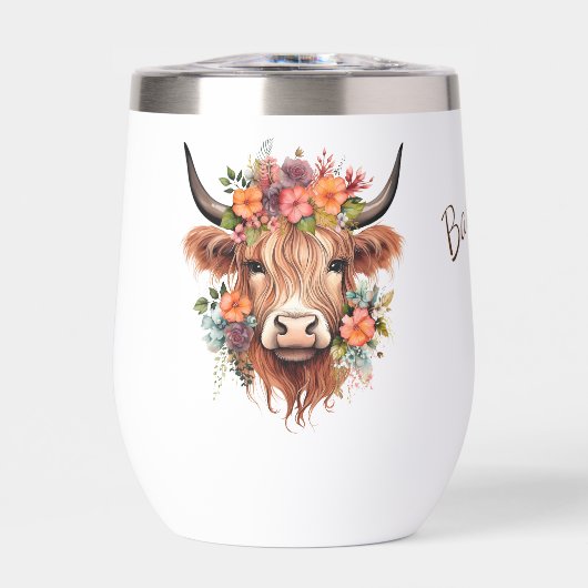 Vache Highland moderne aux fleurs de Boho mignonne (Avant)