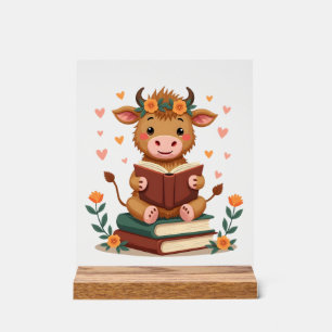 Vache Highland Vintage lisant des livres Floral Cu