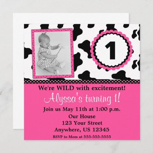 Vache Imprimer Filles roses Invitation d'anniversa (Devant / Derrière)