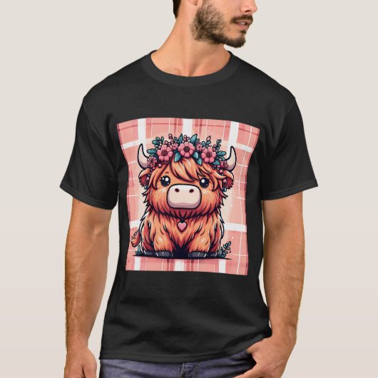 Vache Kawaii Highland avec T-shirt Couronne Fleur (Devant)