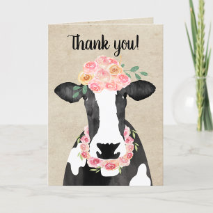 Vache mignonne à couronne florale Carte de remerci