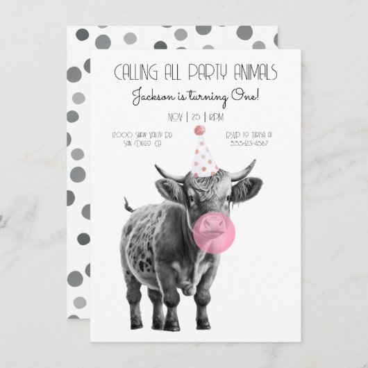 Vache noir et blanc Anniversaire Invitation (Devant / Derrière)