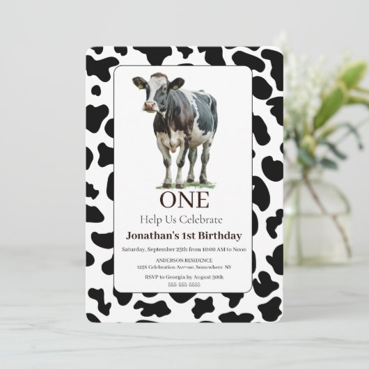Vache Noir et blanc Invitation d'anniversaire (Debout devant)