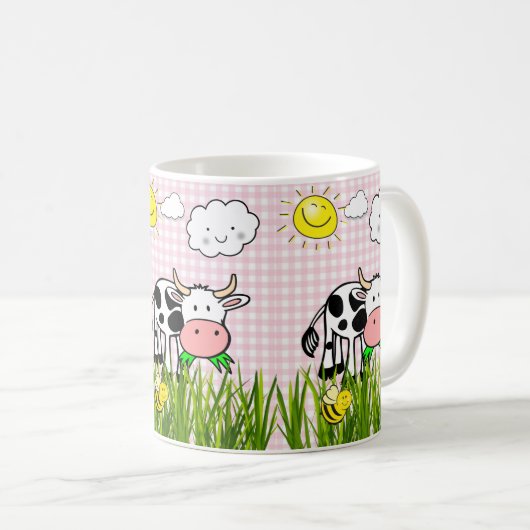 Vache rose Plaid Floral Nuages Solaires Mug (Devant droit)