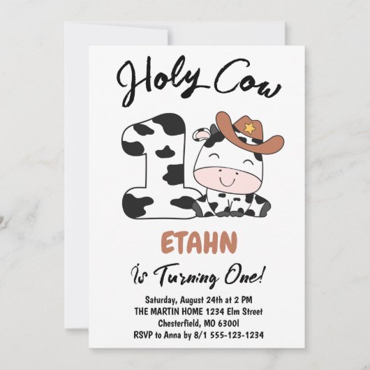 Vache sacrée, j'ai un an Invitation pour l'anniver (Devant)