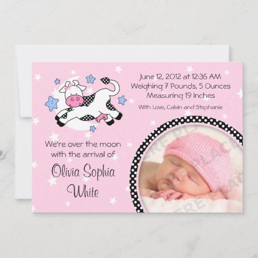 Vache sur lune Baby Photo Faire-part de naissance (Devant)